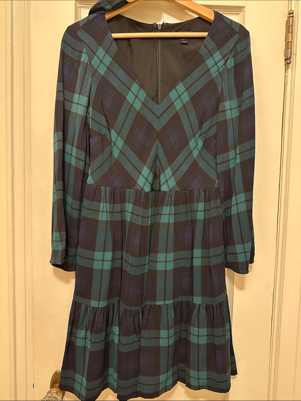 J. Crew Teal and Navy Plaid V-Neck Long Sleeve Tiered Dress